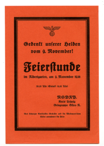 Einladung der NSDAP Ortsgruppe Osten A zu einer Feierstunde im Albertgarten am 9.November 1938, A/2018/54.